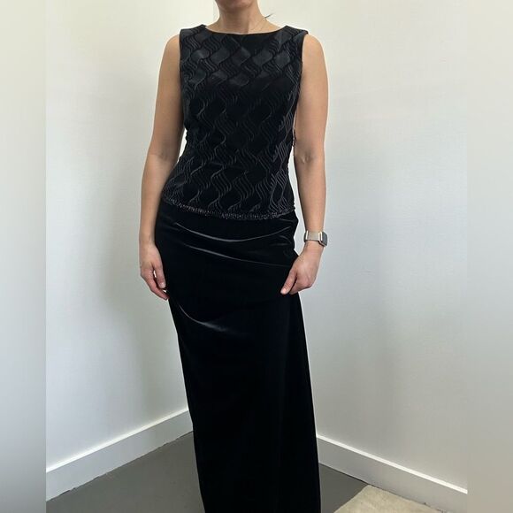 Jessica McClintock Black Velvet Crew Neck Evening Maxi Dress Beaded Layered M - Picture 1 of 12